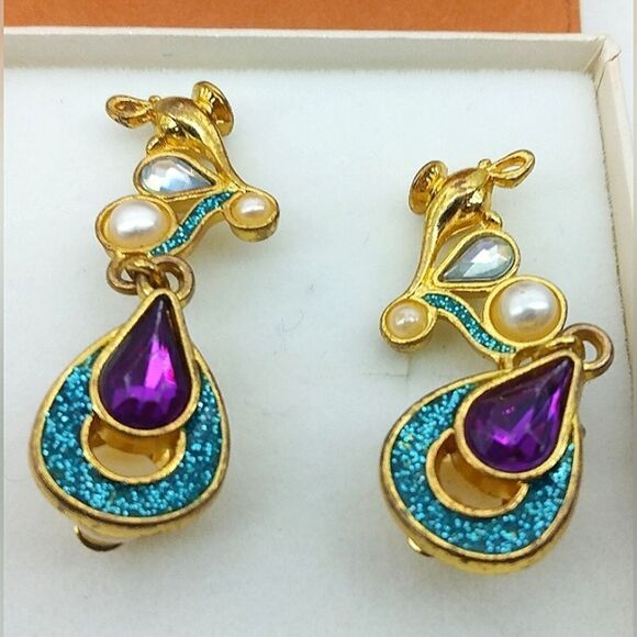 Disney Vintage Jeweled Pearl Clip On Earrings Gold Tone Jewelry Jasmine - Picture 8 of 12